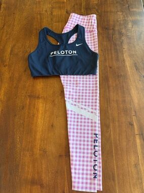 Peloton Navy Sports Bra with Pink Gingham Leggings